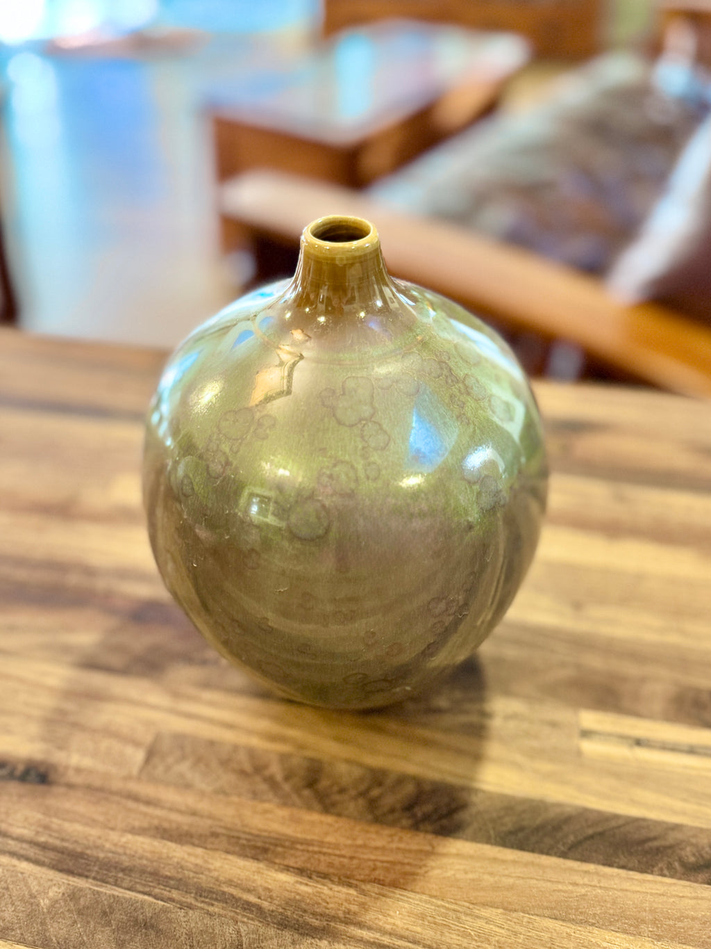 Classy Moon Vase with Single Stem Opening - Plum Green Crystalline Glaze