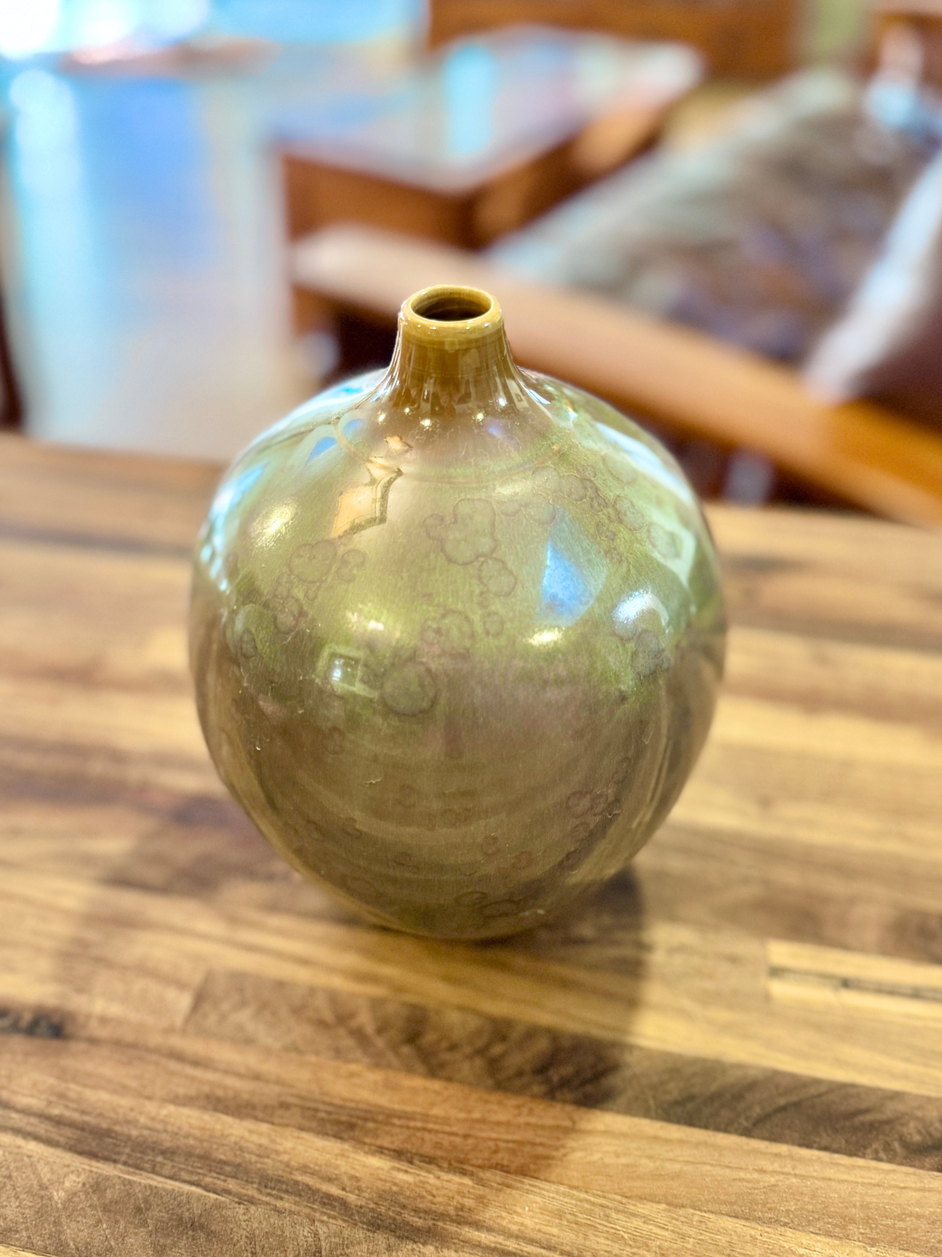 Classy Moon Vase with Single Stem Opening - Plum Green Crystalline Glaze