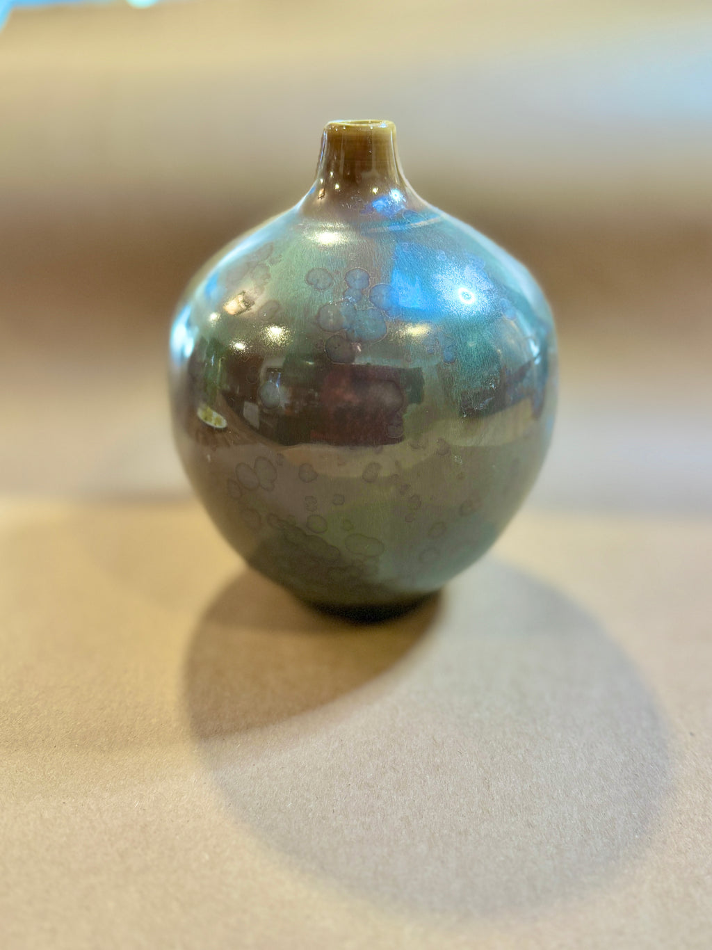 Classy Moon Vase with Single Stem Opening - Plum Green Crystalline Glaze