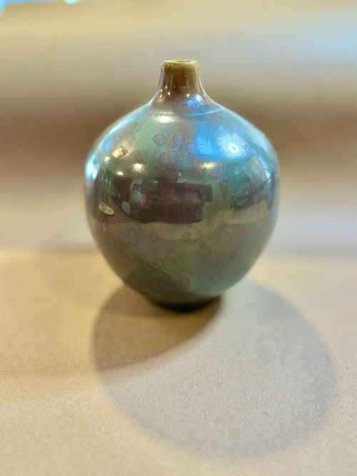 Classy Moon Vase with Single Stem Opening - Plum Green Crystalline Glaze